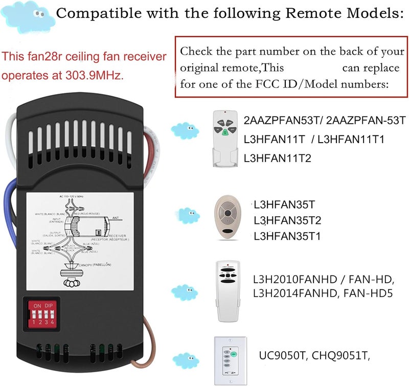 Onisamt FAN28R Ceiling Fan Receiver Replacement for Hampton Bay Harbor Breeze Allen+Roth FAN-28R FAN18R 18R, 303.9MHz,240w, Works FAN-53T Fan-HD FAN35T FAN-11T FAN-9T FAN-51T (Receiver Only) - Image 2